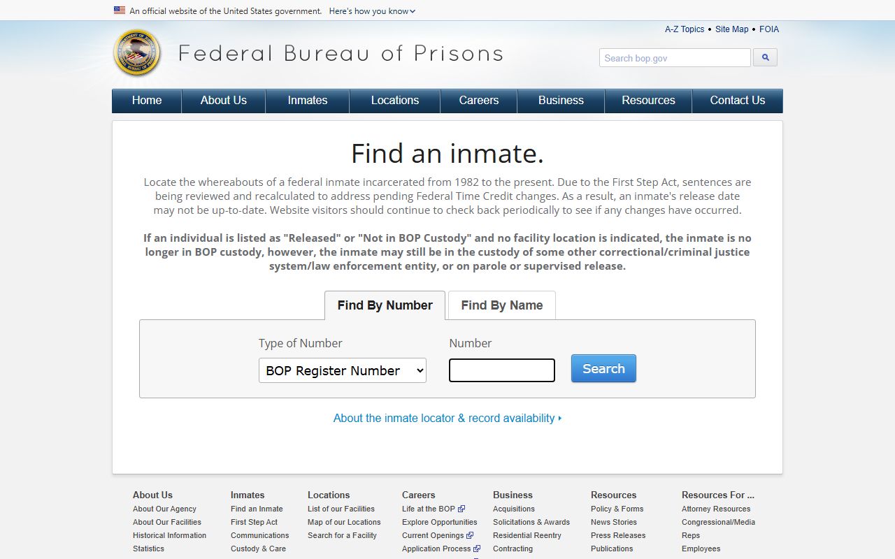 BOP Inmate Locator search form for federal inmates